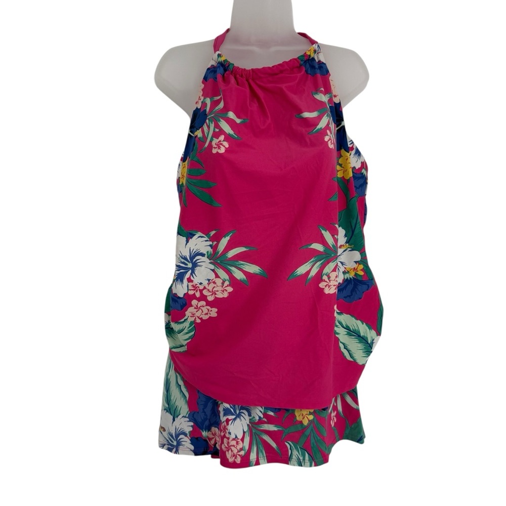 Swim Cacique No Wire Size 18 Blue Pink Tropical  Tankini Set Top/skirt 2-piece